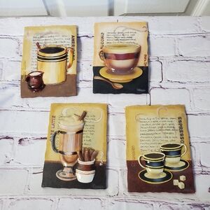 Set Of 4 Coffee Themed 3D Resin Plaque Wall Art Hanging Tile By Durham 6x4